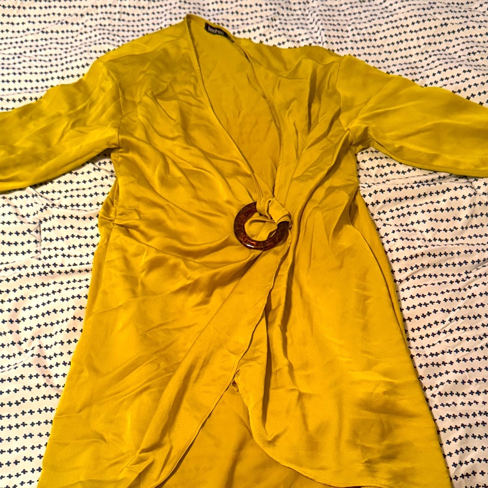 Yellow Wrap Dress with Wooden Ring Detail